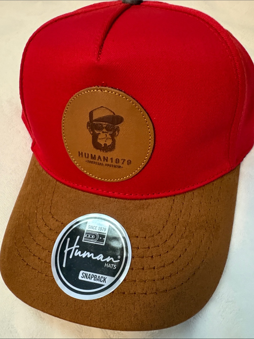 Human Hats 🧢 1979 Red Snapback Cap with Brown Suede Visor Cool Monkey